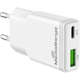 Cargador MediaRange 30W GaN USB-C y USB-A 2 Puertos Blanco