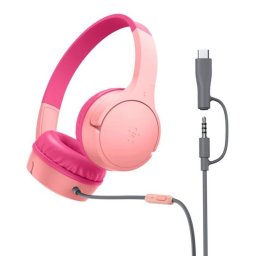 Auriculares Belkin SoundForm Mini con cable USB-C y jack 3,5 mm para llamadas y música, resistentes a caídas y agua, color rosa