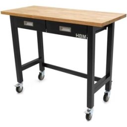 HBM banco de trabajo 122 cm con 2 cajones, móvil, encimera de madera maciza, negro