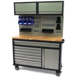 HBM banco de trabajo móvil 136 cm con 7 cajones, puerta y pared con armarios, accesorios incluidos, gris