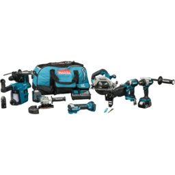 Makita juego combinado de 7 piezas para atornillar (de impacto), taladrar (percutor), amolar, cortar y con herramienta multifunción, DLX7031TX1