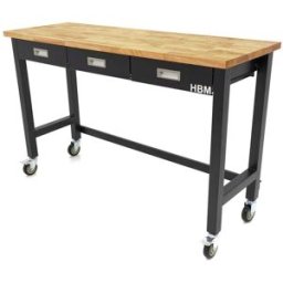 HBM banco de trabajo 152 cm con 3 cajones, móvil, encimera de madera maciza, negro