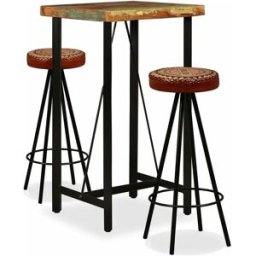 vidaxl Mesa y 2 taburetes bar madera maciza reciclada cuero real lona
