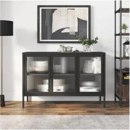 Clicnbuy Aparador de vidrio y acero negro 105x35x70 cm