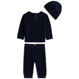 Tommy Hilfiger Conjunto de bebé de 3 piezas, suéter, pantalón y gorro azul oscuro 68