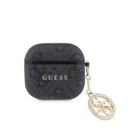 Guess Funda Para Airpods 4 – Carcasa De Polipiel Negra Con Logo 4g Y Charm Con Piedras Brillantes, Diseño Elegante Y Ajuste Preciso