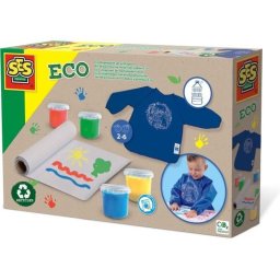 Ses Creative Eco Kit De Pintura De Dedos Con Delantal Y Papel Reciclado, 4 Pinturas Recicladas, Delantal Gris 100% Pet Reciclado, A Partir De 12 Meses