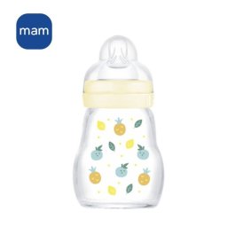 Mam Premium Glass Biberón 170 Ml Con Tetina Skinsoft Flujo Lento, Vidrio Borosilicato, 0-6 Meses, Color Blanco, Sin Bpa/bps, Compatible Mam