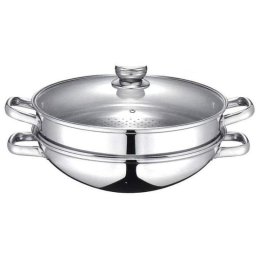 Baumalu Sartén Wok 2 En 1 De Acero Inoxidable 32 Cm Con Inserto Para Vapor Y Tapa De Vidrio