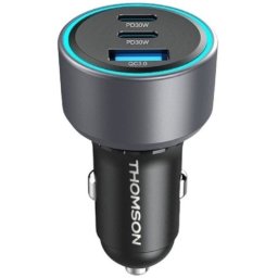 Thomson Cargador De Coche 60w Gan: 2x Usb-c Pd 30w + 1x Usb-a Qc 3.0, Compatible 12v/24v, Negro, Carga Simultánea