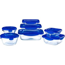 Pyrex Cook & Go Set De 7 Recipientes De Vidrio Borosilicato Con Tapas Herméticas Azules A Prueba De Fugas, Apto Horno Sin Tapa, Microondas Sin Tapa, Congelador Y Lavavajillas