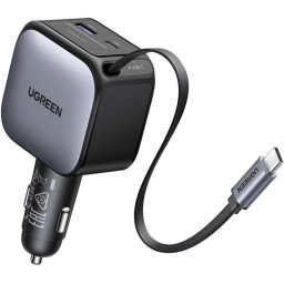 Ugreen Cargador De Coche 90w Con Cable Usb-c Retráctil 70 Cm, 3 Puertos (usb-c + Usb-c + Usb-a) Pd 3.0, Qc 3.0, Pps, Afc Y Fcp Para Carga Rápida Simultánea