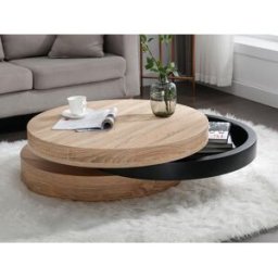 Unique Mesa de centro redonda giratoria con 1 estante de MDF - Negro y natural claro - JANITA