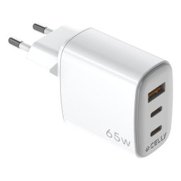Cargador de Pared Celly UPTC 65W 2 Puertos USB-C y 1 USB-A GaN Blanco