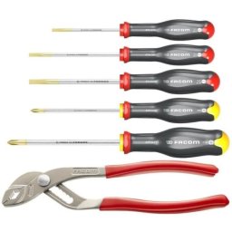 Facom At5.170pb Set De 6 Destornilladores Y Alicates Multiagarre Ajustables 170pg, 3 Planos Y 2 Phillips, Con Capacidad De Mordaza 46 Mm