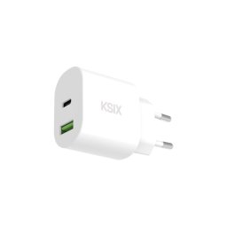 Ksix Cargador De Red 20w, Power Delivery, Carga Rápida, Gan, Usb-c + Usb-a, Blanco