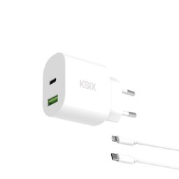 Ksix Cargador de Red 20W, Power Delivery, Carga Rápida, GaN, USB-C + USB-a, Cable USB-C a Lightning 1m, Blanco