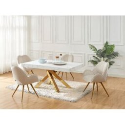 Unique Mesa extensible de comedor 6 a 10 cubiertos de MDF y metal - Efecto mármol blanco y dorado - CATONAV