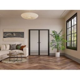 Unique Bloque de puerta doble reversible de aluminio y vidrio templado - 2 x Alt. 204 x An. 83 cm - Negro - LOXTON