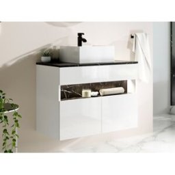 Unique Mueble flotante de baño con luces LED y lavabo sobre encimera - Blanco y negro con efecto mármol - Ancho 80 cm - POZEGA