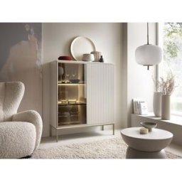 Unique Vitrina 2 puertas con luces LED en MDF y vidrio ahumado - Beige y negro - OVILA