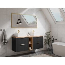 Unique Mueble de baño suspendido con estantes y lavabo cuadrado sobre encimera - Negro y natural claro - L140 cm - ZEVARA