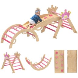 Aiyaplay 8 En 1 Triángulo De Escalada De Madera Montessori Con Arco Y Rampa Rosa
