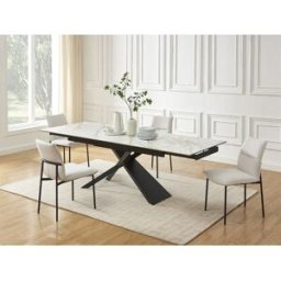 Unique Mesa de comedor extensible de 6 a 10 plazas de cerámica, vidrio templado y metal - Efecto mármol blanco y negro - LUMIEL