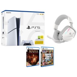 Sony Playstation 5 Slim Chasis E + MAFIA The Old Country + GTA V + Corsair Void V2 Auriculares Gaming Inalámbricos Dolby Atmos Blancos