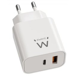 Cargador Rápido Ewent EW1318 20W USB-C PD y USB-A QC GaN Compacto