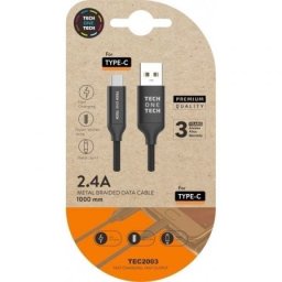 Cable USB Tech One Tech TEC2003 USB 2.0 Tipo-C macho a USB-A macho 1m Nylon 2,4A Negro
