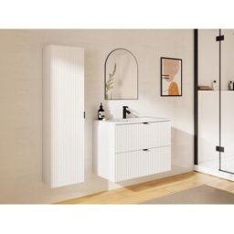 Unique Mueble de baño suspendido estriado con lavabo encastrado y columna - Blanco mate - 80 cm - ZEVINI