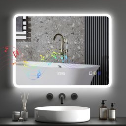 Homcom Espejo De Baño Con Luz Led 80x60 Cm Con Bluetooth 3 Colores De Luz