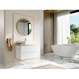 Unique Mueble de baño suspendido estriado con ribete dorado y lavabo sobre encimera - blanco - 80 cm - KELIZA
