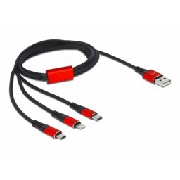 Cable de Carga USB 3 en 1 Delock Tipo-A a Lightning/2 x USB Type-C 1 m Negro/Rojo