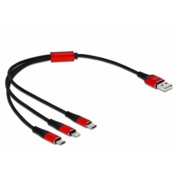 Cable de carga USB 3 en 1 Delock Tipo-A a Lightning/Micro USB/USB Type-C 30 cm negro/rojo