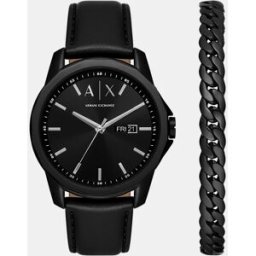 Giorgio Armani Conjunto de hombre con pulsera de acero inoxidable y reloj de piel con tres agujas y fecha. Negro