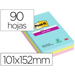 Bloc de notas adhesivas quita y pon post-it super sticky cosmic rayado 90 hojas 101x152 mm paquete de 3 unidades