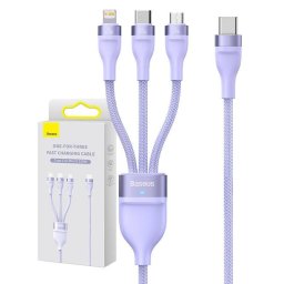 Cable USB Baseus Flash Series 2 3 en 1 USB-C + micro USB + Lightning 100W 1,5m púrpura