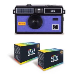 Cámara analógica Agfaphoto Kodak I60 negra azul pack película color 35 mm