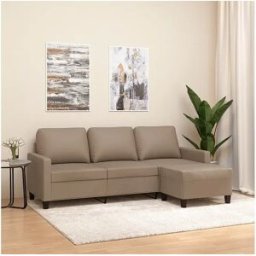 Clicnbuy Sofá 3 plazas y taburete cuero sintético color capuchino 180 cm