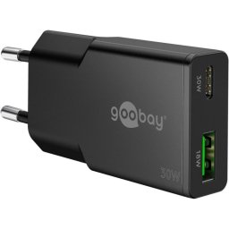 Cargador Goobay Dual USB-C y USB-A 30W GaN Negro