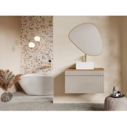 Unique Mueble de baño suspendido estriado beige con lavabo sobre encimera cuadrado - 80 cm - SATARA