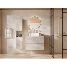 Unique Mueble de baño suspendido en espiga con lavabo sobre encimera cuadrado y columna - Beige - 80 cm - DORIONI