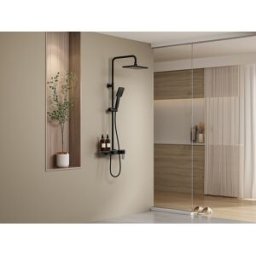 Unique Columna de ducha de acero inoxidable con estante - Negro mate - Altura ajustable - JIZEO
