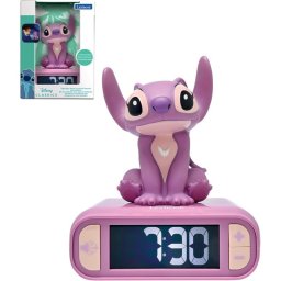 Reloj despertador Disney Ángel pantalla LCD táctil, 6 sonidos Stitch, luz nocturna, pilas AA