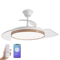 Ventilador de techo inteligente con aspas retráctiles, luz LED regulable, control por voz Alexa, función invierno/verano, TUYASMART y mando a distancia