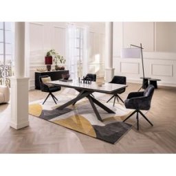 Unique Mesa de comedor extensible para 8 a 12 personas en cerámica, vidrio templado y metal - Efecto mármol blanco y antracita - COREMA de Maison Céphy