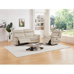 Unique Sofá 3 plazas y sillón relax eléctrico de cuero beige ADELIO