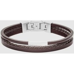 Fossil Pulsera de hombre townsman multihebra de acero en tono plateado y piel marrón. Marrón